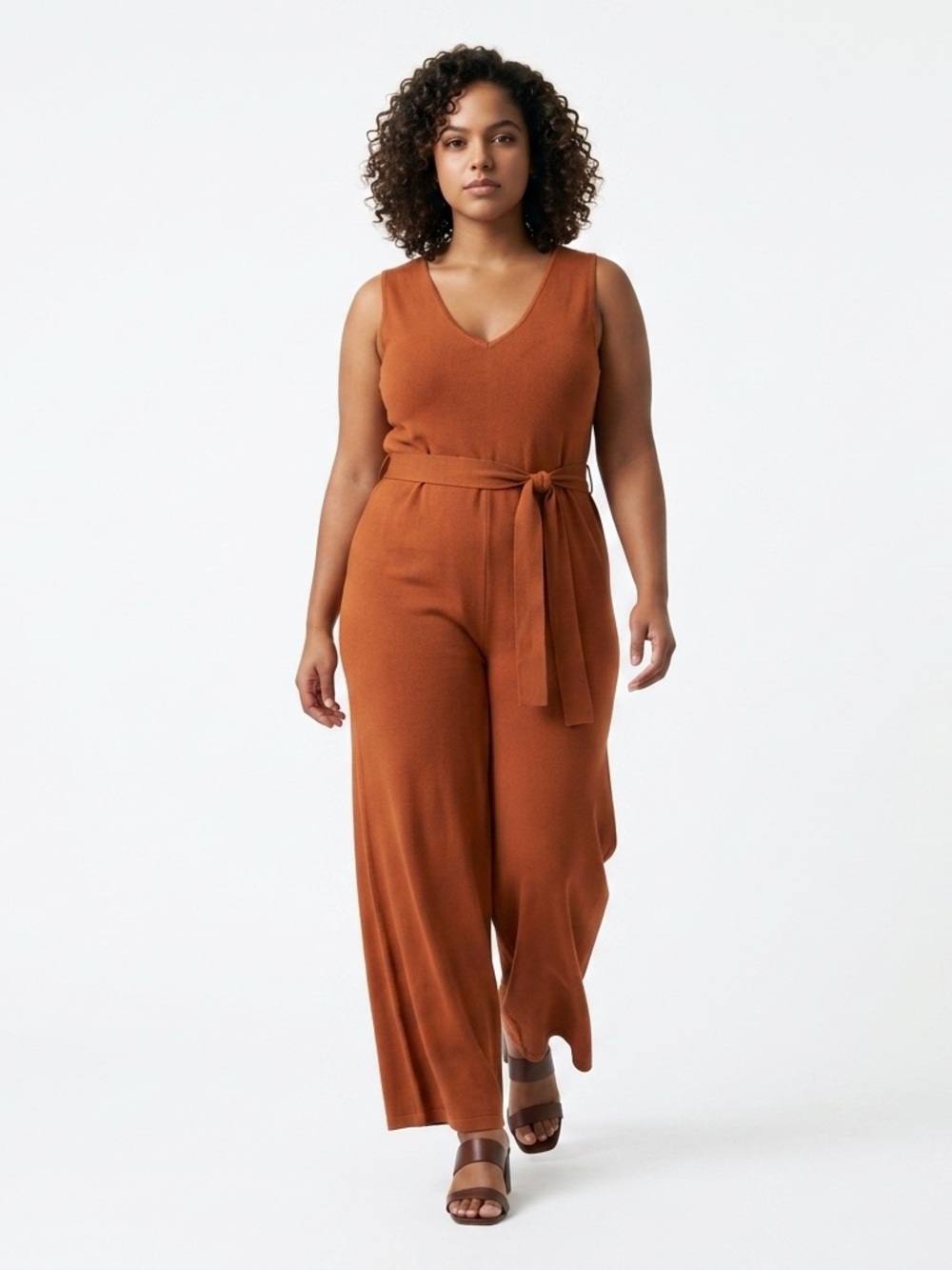 Rust Sleeveless Knit Wide Leg Jumpsuit/Neutral/Stretch V-Neck/Fall-Summer/Chic